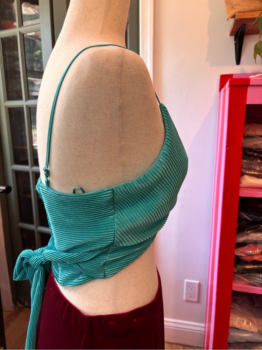Ro & De Teal Pleated Satin Tie Back Crop Top Size Small Y2K Party Cami - Picture 4 of 6